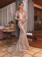 Gorgeous Mermaid Sequins Long Sleeves V-neck Ruffles Prom Dresses