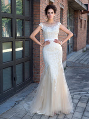 Gorgeous Mermaid Sheer Neck Applique Short Sleeves Long Net Prom Dresses