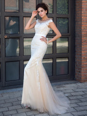 Gorgeous Mermaid Sheer Neck Applique Short Sleeves Long Net Prom Dresses