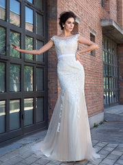 Gorgeous Mermaid Sheer Neck Applique Short Sleeves Long Net Prom Dresses