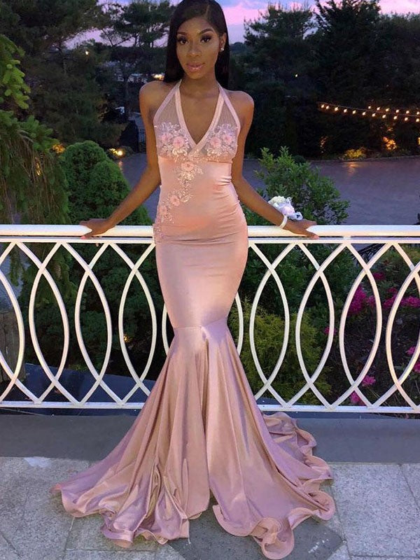 Gorgeous Mermaid Sleeveless Halter Applique Elastic Woven Satin Prom Dresses