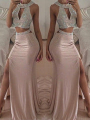 Gorgeous Mermaid Sleeveless Halter Floor-Length Beading Chiffon Two Piece Prom Dresses