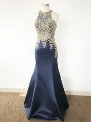 Gorgeous Mermaid Sleeveless Scoop Applique Satin Prom Dresses