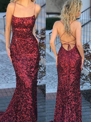 Gorgeous Mermaid Sleeveless Spaghetti Straps Sequins Prom Dresses