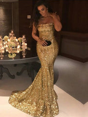 Gorgeous Mermaid Sleeveless Strapless Sequins Prom Dresses