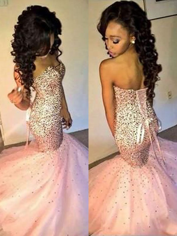 Gorgeous Mermaid Sleeveless Sweetheart Tulle Sequin Floor-Length Prom Dresses