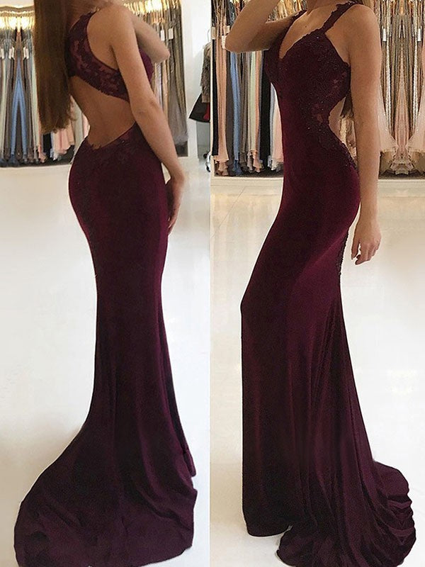 Gorgeous Mermaid Sleeveless V-neck Applique Stretch Crepe Prom Dresses