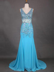 Gorgeous Mermaid Sleeveless V-neck Chiffon Beading Prom Dresses