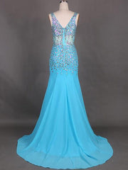 Gorgeous Mermaid Sleeveless V-neck Chiffon Beading Prom Dresses