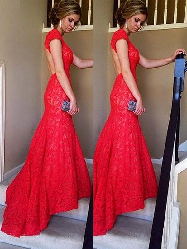 Gorgeous Mermaid Sleeveless V-neck Lace Ruffles Prom Dresses