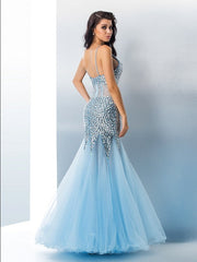 Gorgeous Mermaid Spaghetti Straps Sequin Sleeveless Long Tulle Prom Dresses