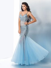 Gorgeous Mermaid Spaghetti Straps Sequin Sleeveless Long Tulle Prom Dresses