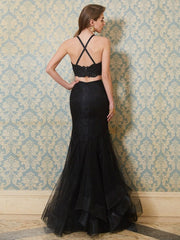 Gorgeous Mermaid Spaghetti Straps Sleeveless Applique Floor-Length Tulle Two Piece Prom Dresses