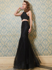 Gorgeous Mermaid Spaghetti Straps Sleeveless Applique Floor-Length Tulle Two Piece Prom Dresses