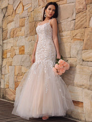 Gorgeous Mermaid Tulle Applique Sleeveless Spaghetti Straps Floor-Length Prom Dresses