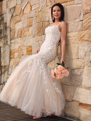 Gorgeous Mermaid Tulle Applique Sleeveless Spaghetti Straps Floor-Length Prom Dresses