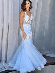 Gorgeous Mermaid Tulle V-neck Sleeveless Applique Floor-Length Prom Dresses