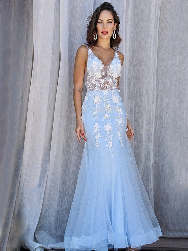 Gorgeous Mermaid Tulle V-neck Sleeveless Applique Floor-Length Prom Dresses