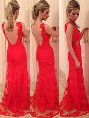 Gorgeous Mermaid V-neck Applique Sleeveless Lace Backless Floor-length Dress