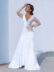 Gorgeous Mermaid V-neck Long Sleeves Satin Beading Court Train Prom Dresses