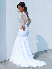 Gorgeous Mermaid V-neck Long Sleeves Satin Beading Court Train Prom Dresses