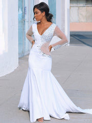 Gorgeous Mermaid V-neck Long Sleeves Satin Beading Court Train Prom Dresses