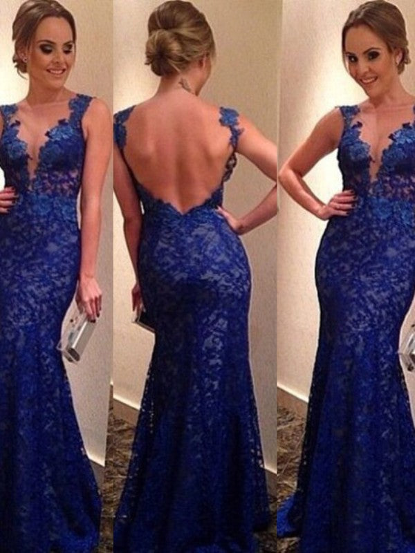 Gorgeous Mermaid V-neck Sleeveless Applique Lace Prom Dresses