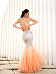 Gorgeous Mermaid V-neck Sleeveless Tulle Floor-Length Sequin Prom Dresses