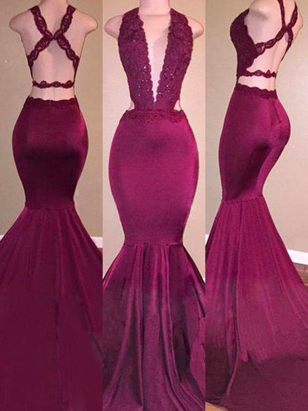 Gorgeous Mermaid V-Neck Stretch Crepe Sleeveless Applique Prom Dresses