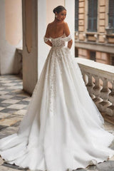 Gorgeous Off-the-shoulder Lace Tulle Appliques A-line Wedding Dress-misshow.com