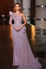 Gorgeous One Shoulder Long Sleeve Sequined A-line Prom Dress With Ruffles-misshow.com