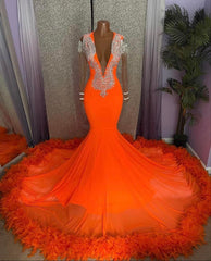 Gorgeous Orange Mermaid Tassel V-Neck Lace Prom Dress With Long Sleeves-misshow.com