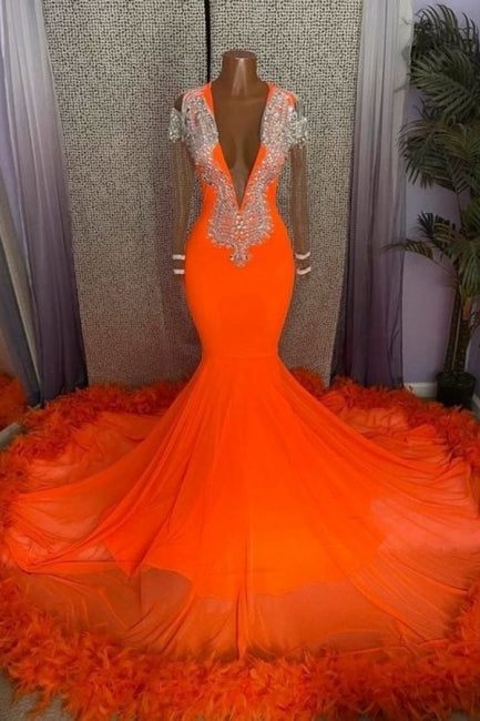 Gorgeous Orange Mermaid Tassel V-Neck Lace Prom Dress With Long Sleeves-misshow.com