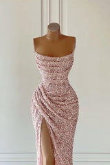 Gorgeous Pink Sequined Sleeveless Prom Dress With Slit-misshow.com