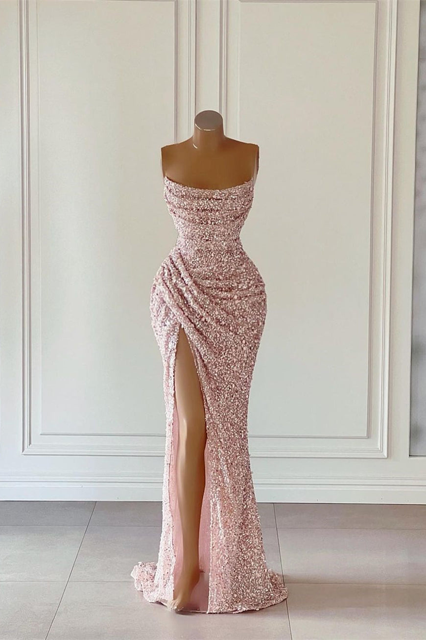 Gorgeous Pink Sequined Sleeveless Prom Dress With Slit misshow