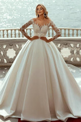 Gorgeous Princess A-line V-neck Satin Wedding Dresses With Long Sleeves-misshow.com