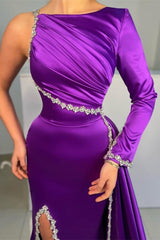 Gorgeous Purple Long A-line Sequined Split Evening Dresses With Long Sleeves-misshow.com