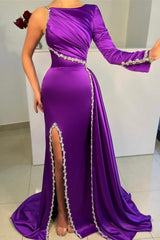 Gorgeous Purple Long A-line Sequined Split Evening Dresses With Long Sleeves-misshow.com