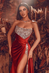 Gorgeous Red Long Evening Dress With Split Long Beads Prom Gown-misshow.com