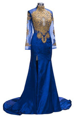 Gorgeous Royal Blue Prom Dresses | Gold Appliques Side Slit Mermaid Evening Dresses-misshow.com