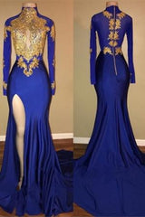 Gorgeous Royal Blue Prom Dresses | Gold Appliques Side Slit Mermaid Evening Dresses-misshow.com