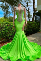 Gorgeous Sequined V-neck Sleeveless Stretch Satin Mermaid Prom Dress with Appliques-misshow.com