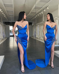 Gorgeous Sexy Royal Blue Sleeveless Long Beads Evening Dress With Split-misshow.com