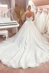 Gorgeous Spaghetti Strap Sleeveless A-Line Floor-Length Tulle Wedding Dresses with Court Train-misshow.com