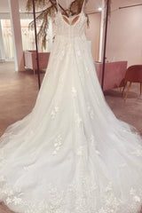 Gorgeous Spaghetti Strap Sleeveless A-Line Floor-Length Tulle Wedding Dresses with Court Train-misshow.com