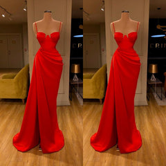 Gorgeous Spaghetti Strap Unique Round Cup High Split Red Prom Dress-misshow.com