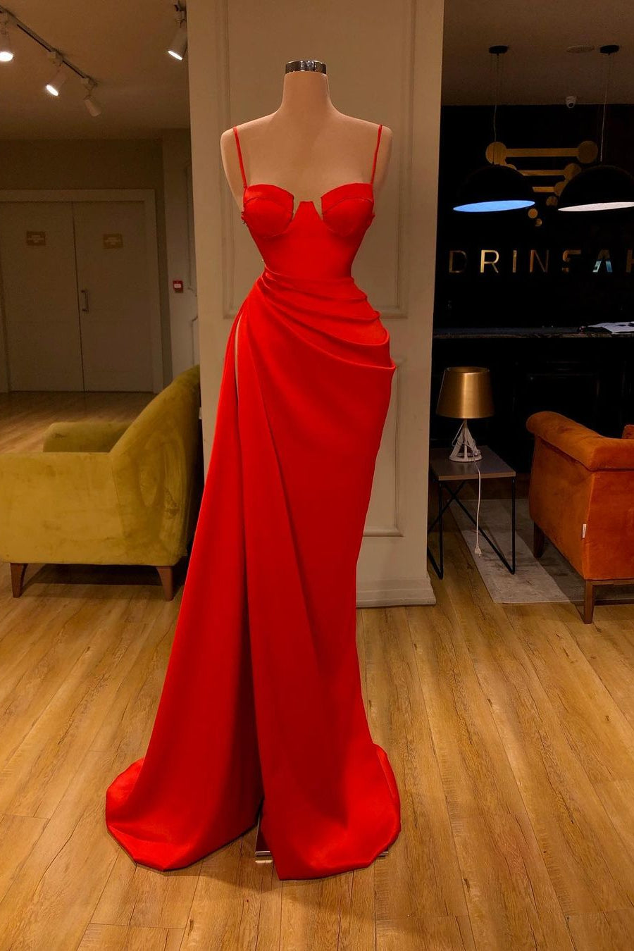 Gorgeous Spaghetti Strap Unique Round Cup High Split Red Prom Dress-misshow.com