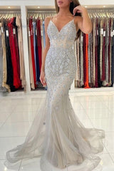 Gorgeous Spaghetti Straps Sleeveless Mermaid Floor-Length Lace Prom Dresses-misshow.com