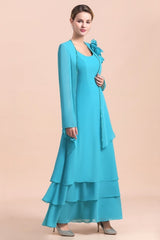 Gorgeous Square Neck Flowers Layers Mother of Bride Dress with Long Wraps-misshow.com