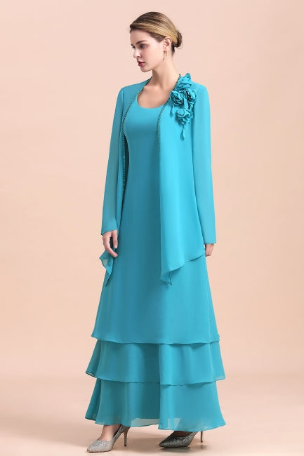 Gorgeous Square Neck Flowers Layers Mother of Bride Dress with Long Wraps-misshow.com